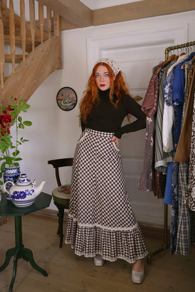 Brown Gingham Vintage Maxi 70's Skirt | S