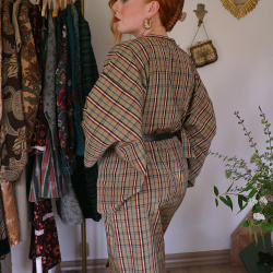 Brown Plaid Vintage Kimono Dress | M/L