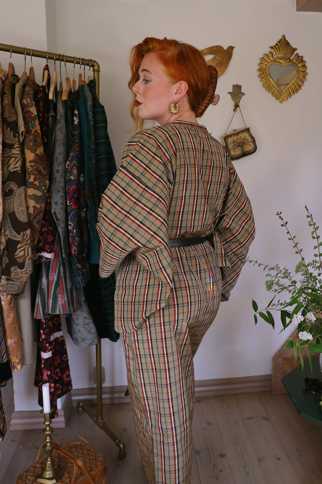 Brown Plaid Vintage Kimono Dress | M/L