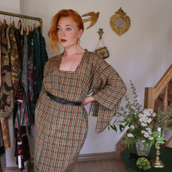 Brown Plaid Vintage Kimono Dress | M/L