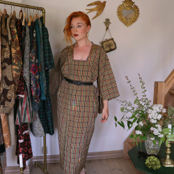 Brown Plaid Vintage Kimono Dress | M/L