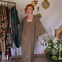 Brown Plaid Vintage Kimono Dress | M/L