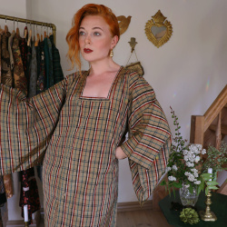Brown Plaid Vintage Kimono Dress | M/L
