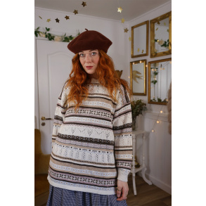White Brown Striped Vintage Sweater | L