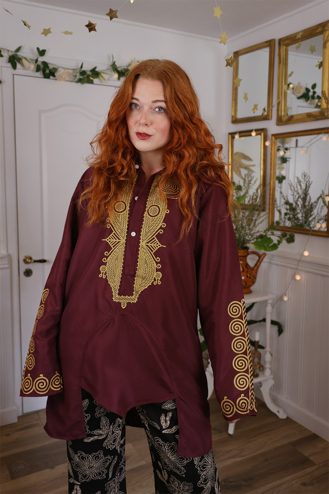 Burgundy Gold Pattern Kaftan | M/L