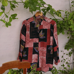 Burgundy Square Leaf 90's Vintage Blouse | L/XL
