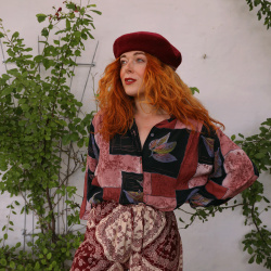 Burgundy Square Leaf 90's Vintage Blouse | L/XL