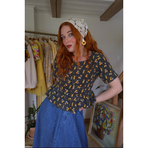 Black Yellow Floral Vintage Top | S