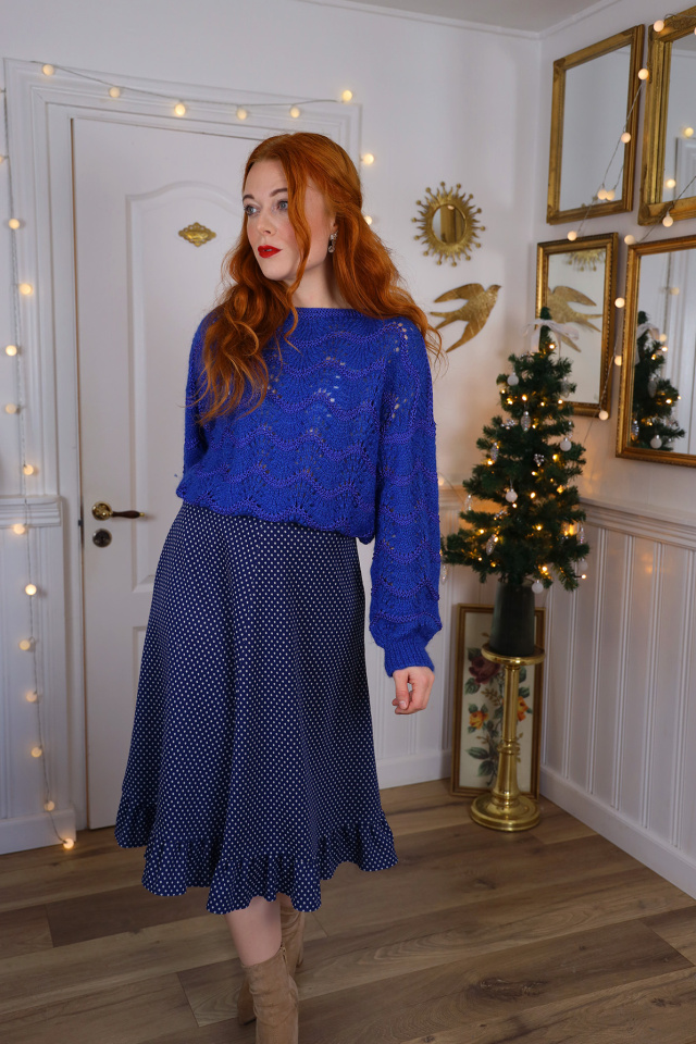 Dark Blue White Dot Vintage Skirt | M