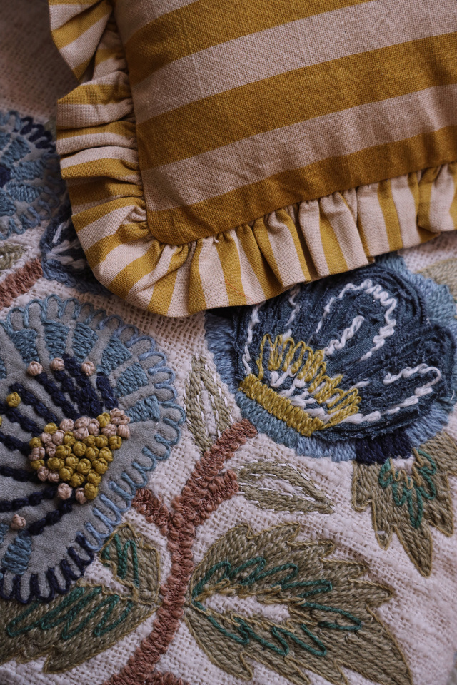 Camille Yellow Striped Botanical Pillow Cover