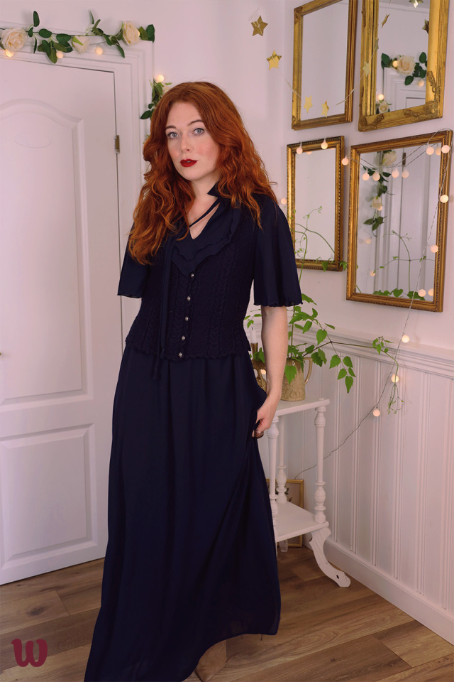 Dark Blue Set 70's Dress + Knitted Vest | M