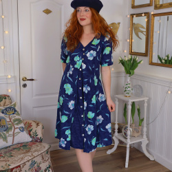 Dark Blue Floral 90's Vintage Dress | M