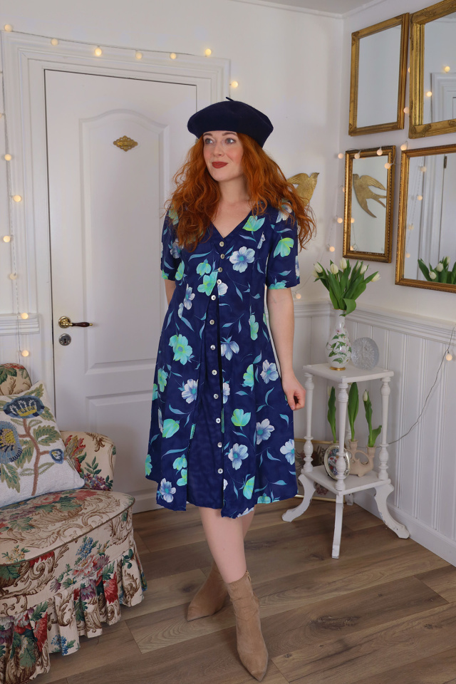 Dark Blue Floral 90's Vintage Dress | M