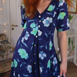 Dark Blue Floral 90's Vintage Dress | M