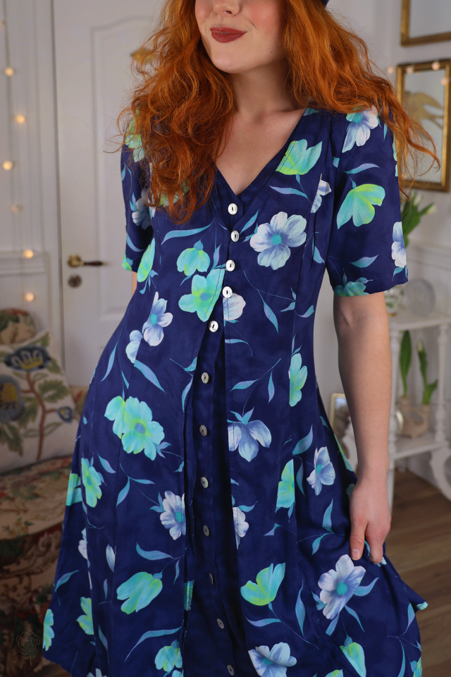 Dark Blue Floral 90's Vintage Dress | M