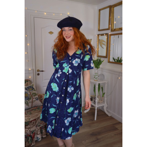 Dark Blue Floral 90's Vintage Dress | M