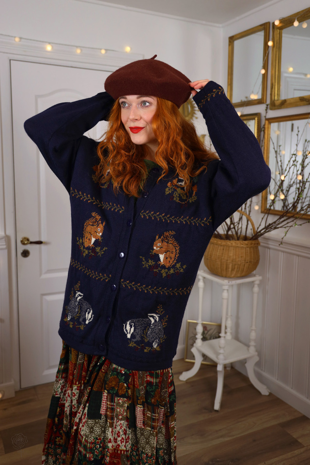 Dark Blue Animal Knit Vintage Cardigan | M