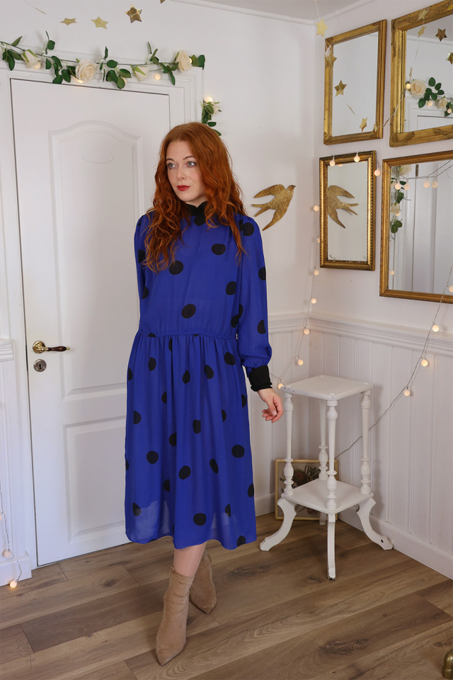Dark Blue Black Dot Vintage Dress | XL