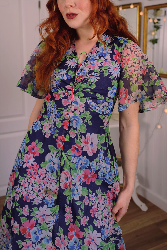 Dark Blue Floral 70's Maxi Gown | S