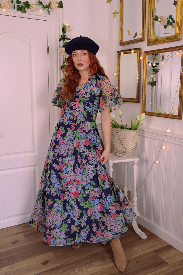 Dark Blue Floral 70's Maxi Gown | S