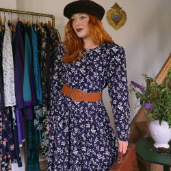 Dark Blue Floral Karin Stevens Vintage Dress | S/M