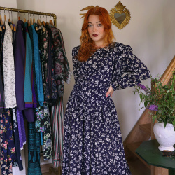 Dark Blue Floral Karin Stevens Vintage Dress | S/M