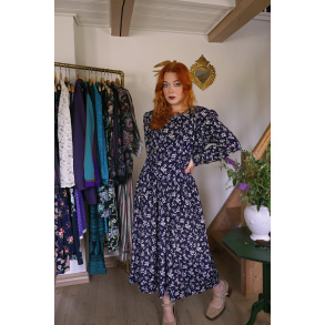 Dark Blue Floral Karin Stevens Vintage Dress | S/M