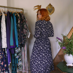 Dark Blue Floral Karin Stevens Vintage Dress | S/M
