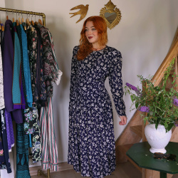Dark Blue Floral Karin Stevens Vintage Dress | S/M