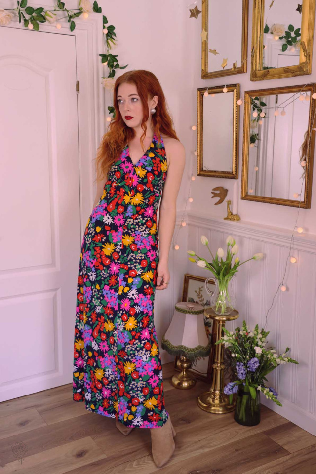 Dark Blue Multi Floral 70's Maxi | S