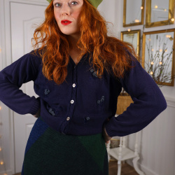 Dark Blue Rose Embroidered Vintage Cardigan | M