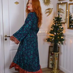 Dark Blue &amp; Turquoise Floral Recycled Kimono | S/M