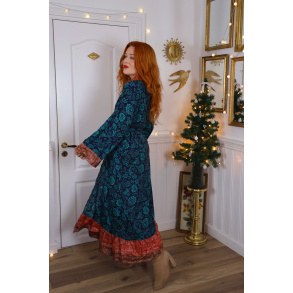 Dark Blue & Turquoise Floral Recycled Kimono | S/M