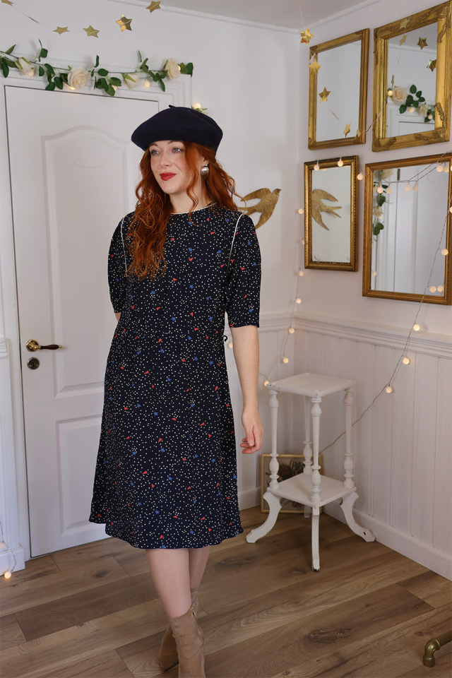Dark Blue White Dotted Vintage Dress | M
