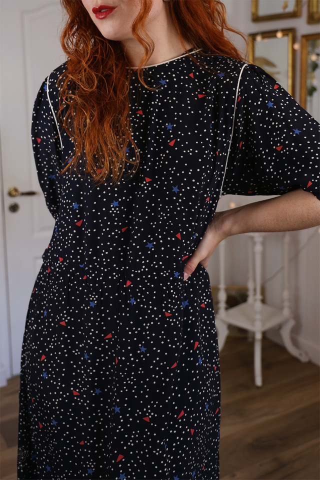Dark Blue White Dotted Vintage Dress | M
