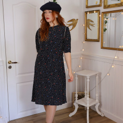 Dark Blue White Dotted Vintage Dress | M