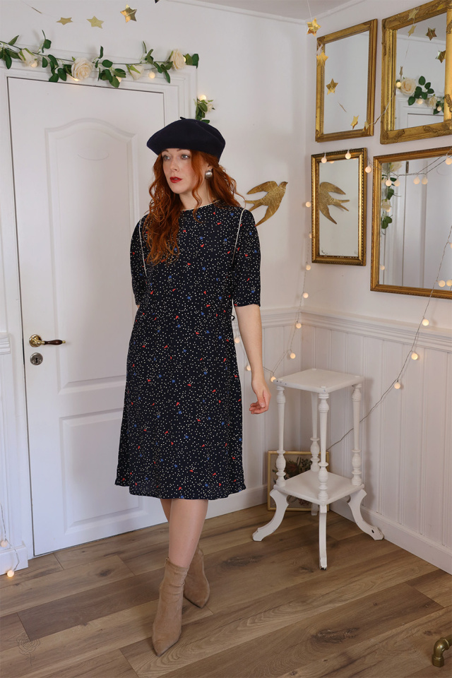 Dark Blue White Dotted Vintage Dress | M