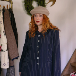 Dark Blue White Striped Vintage Blazer | L