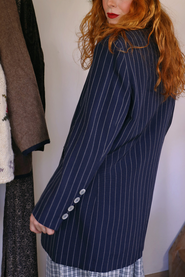 Dark Blue White Striped Vintage Blazer | L