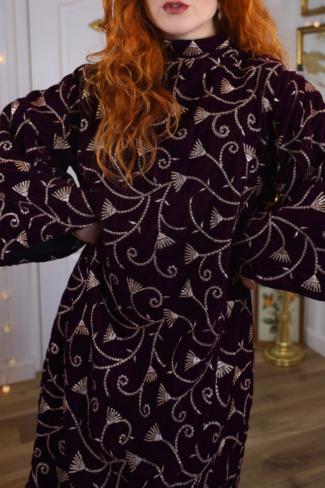 Dark Burgundy Velvet Gold Embroidered Sample Dress | M