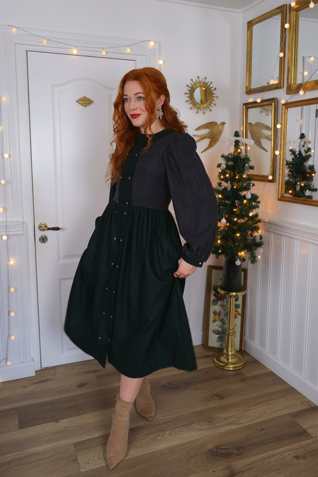 Stunning Dark Grey &amp; Green Vintage Wool Dress | S