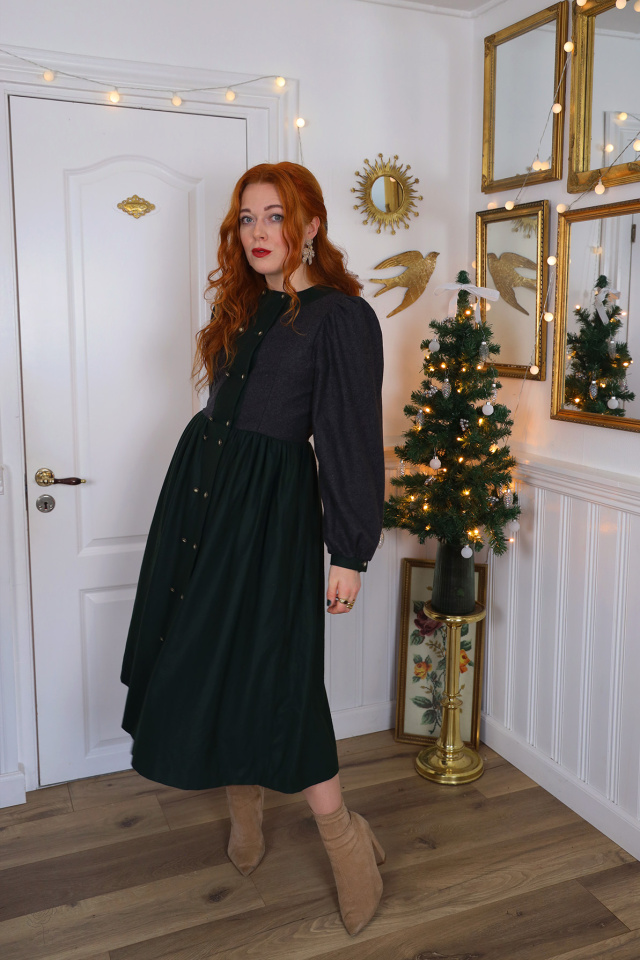 Stunning Dark Grey &amp; Green Vintage Wool Dress | S