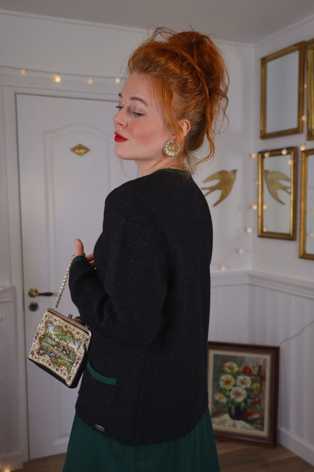 Dark Grey Green Trim Wool Vintage Cardigan | M/L