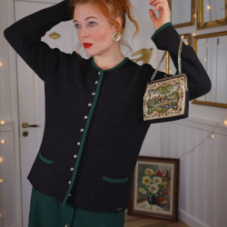 Dark Grey Green Trim Wool Vintage Cardigan | M/L