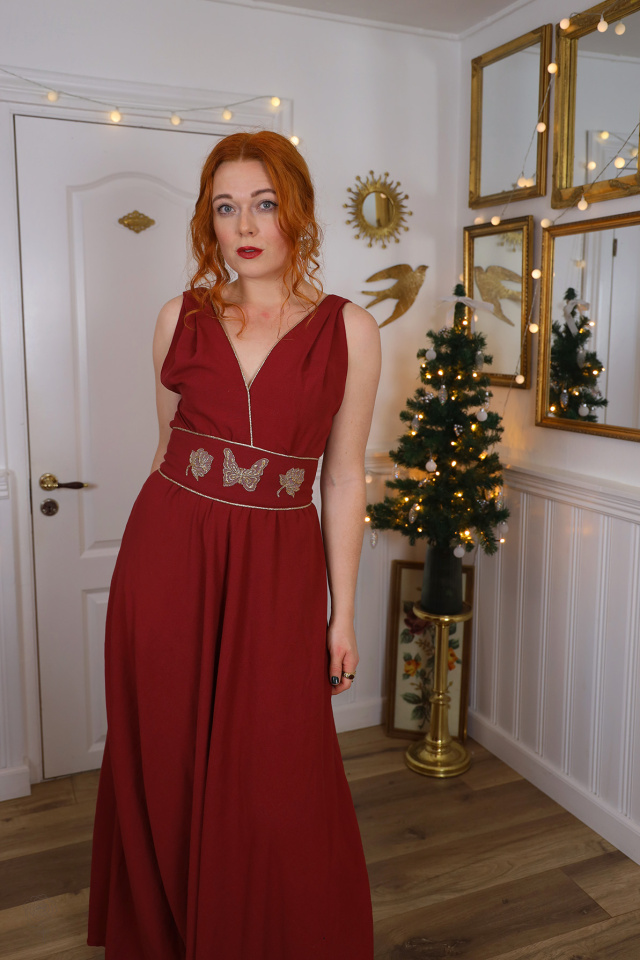 Burgundy 70's Gold Symbols Vintage Maxi | TALL S 
