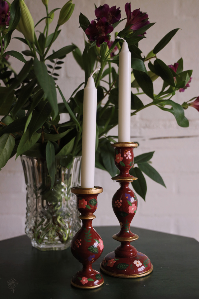 Tall Dark Red Handpainted Candle Holder