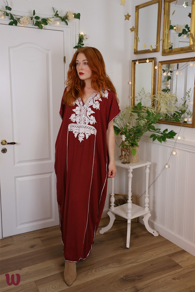 Dark Red White Embroidered Kaftan | M-XXL