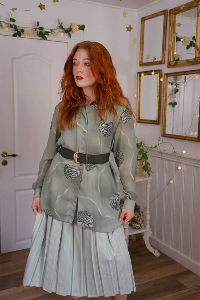 Olive Green Sheer Vintage Blouse | L/XL