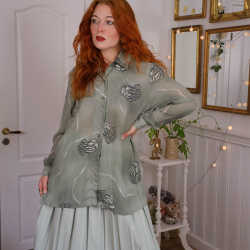 Olive Green Sheer Vintage Blouse | L/XL
