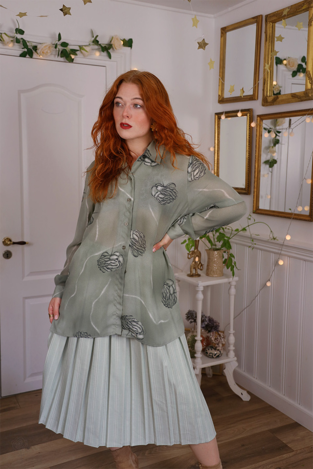 Olive Green Sheer Vintage Blouse | L/XL
